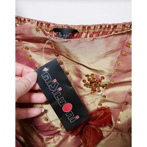 Y2K Two Tone Crimson & Gold Taffeta Prom Dress w/ Rosettes and Ruffles Formal - Picture 7 of 7